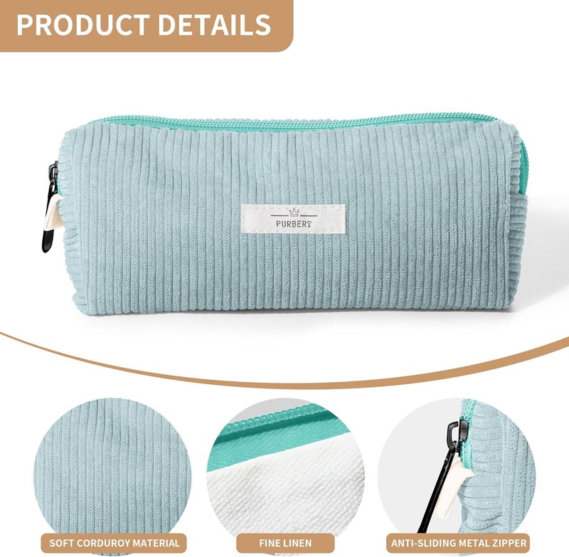 Purbert Pencil Bag Pen Case, Soft Corduroy Small Pencil Pouch Organizer with Zipper, Cute Pencil Case Pouch Stationery for Girls and Boys – Light Blue - Image 4